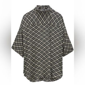 Zara Navy and Beige Plaid Short Sleeve Blouse Top Size Small